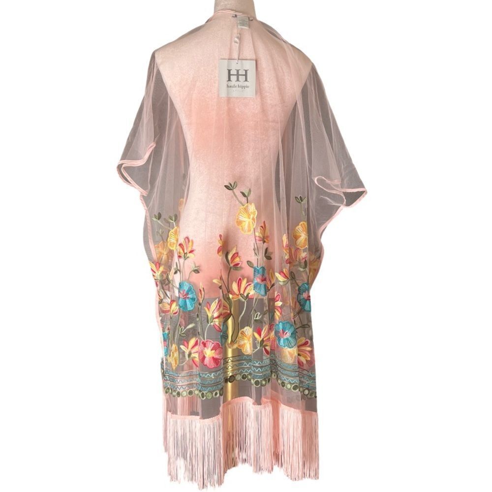 Haute Hippie Pink Mesh Floral Embroidered Fringe Boho, Festival Kimono, OS. NWT! - Picture 4 of 16